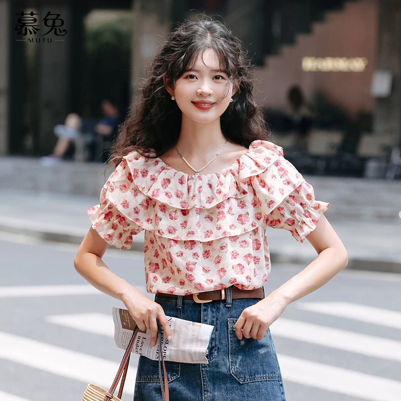 慕兔法式一字肩碎花雪纺上衣女2024夏季新款设计感小众荷叶边衬衫