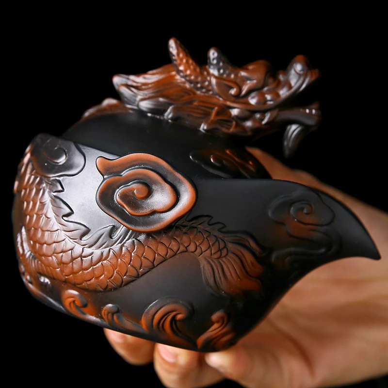 紫陶创意龙腾手抓壶大容量纯手工堆雕复古陶瓷旅行功夫茶具泡茶壶