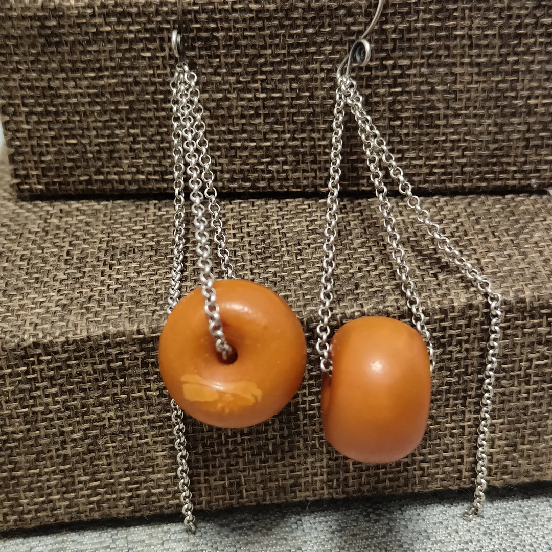 通体S925银镶嵌天然老蜜蜡21毫米左右墩子复古精美时尚长耳坠