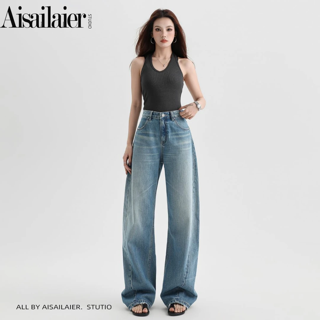 ·亚力山大·设计感高腰弯刀牛仔裤女2025年初秋新款宽松显瘦拖地裤