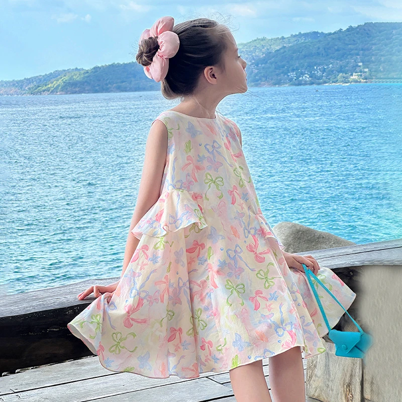 童装女童连衣裙宝宝夏装新款儿童公主裙蝴蝶结背心裙碎花沙滩裙子