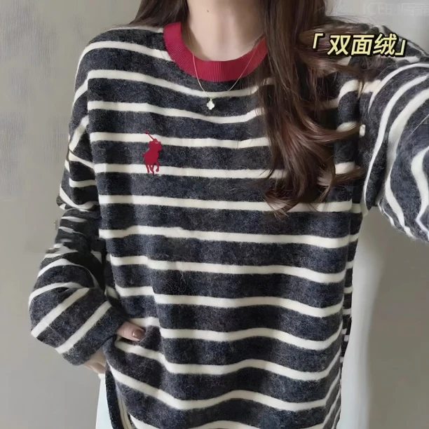 清仓【松弛感-小马刺绣】外贸原单·情侣装仿兔绒条纹宽松长袖24239