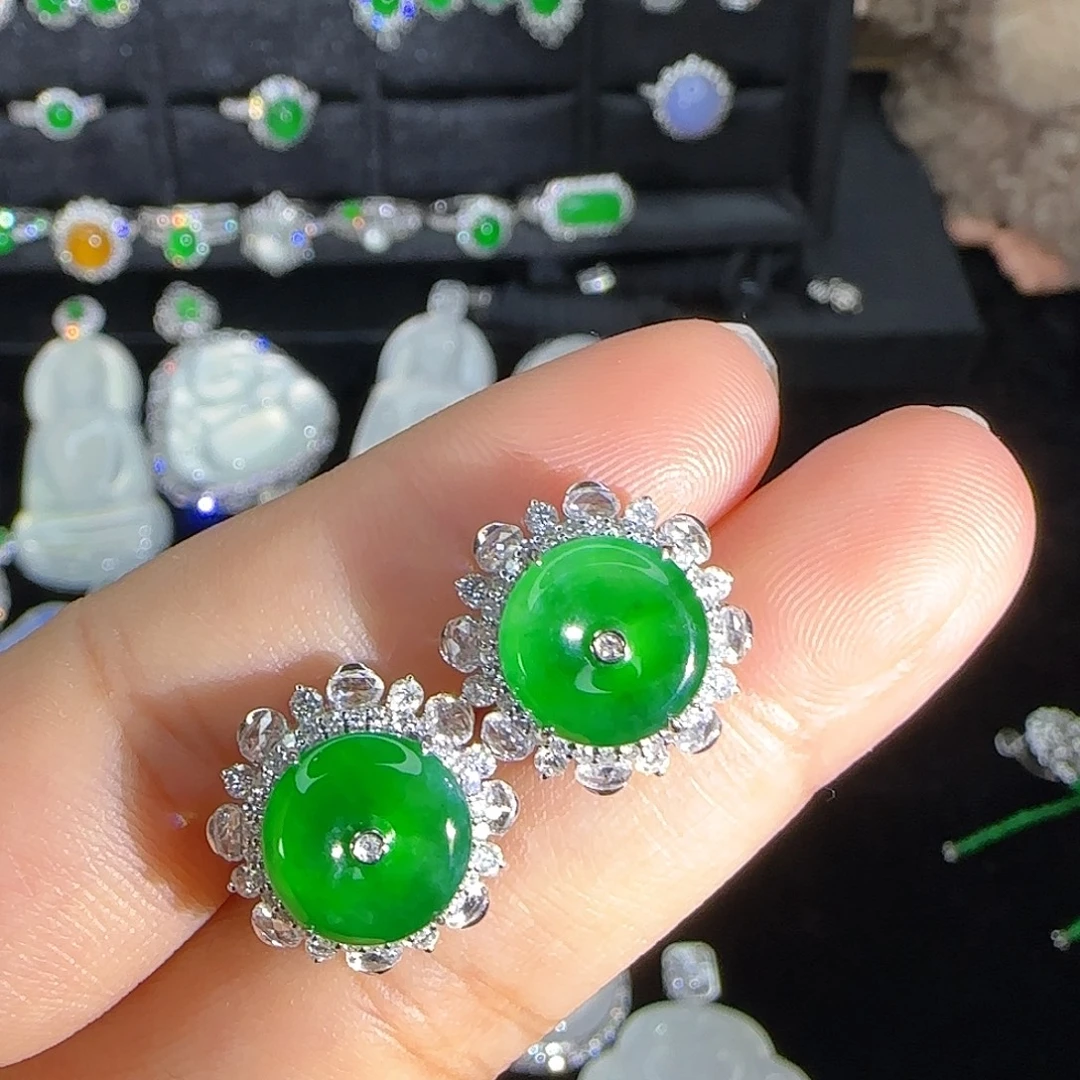 翡翠18K金镶嵌耳饰天然翡翠