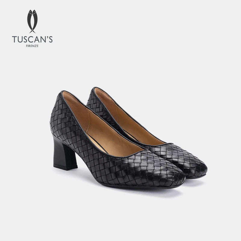 TUSCAN'S牛皮编织气质真皮粗跟通勤方头高跟单鞋