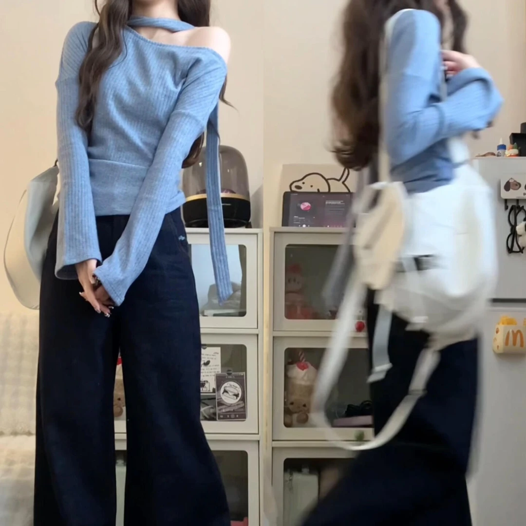 春装新款韩系飘带斜肩露肩上衣女2025年设计感长袖针织T恤打底衫