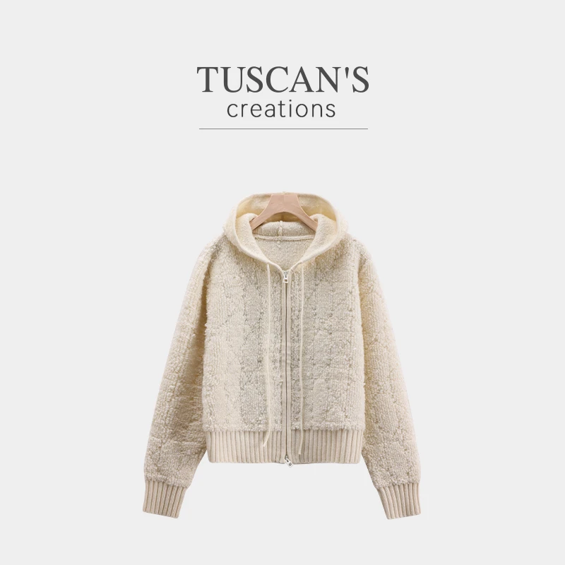 TUSCAN'S CREATIONS羊毛开衫针织纯色午夜蓝丝针织衫上衣连帽外套