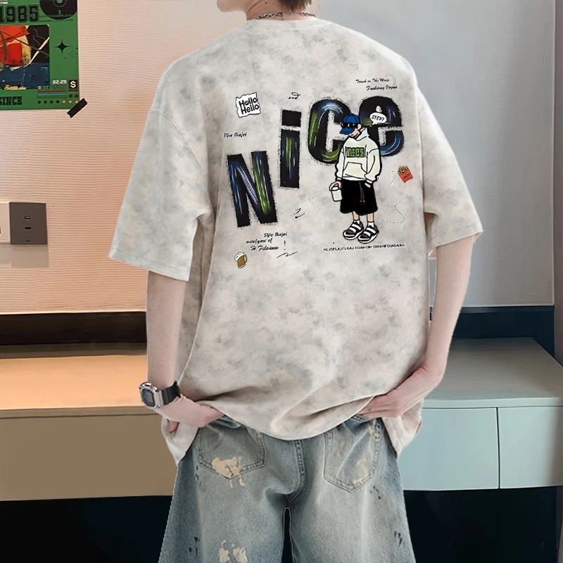 青少年纯棉扎染短袖t恤男女潮流宽松大码半袖港风休闲学生上衣服