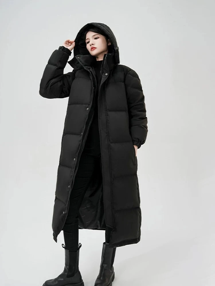 中戏长款连帽双口袋设计保暖外套