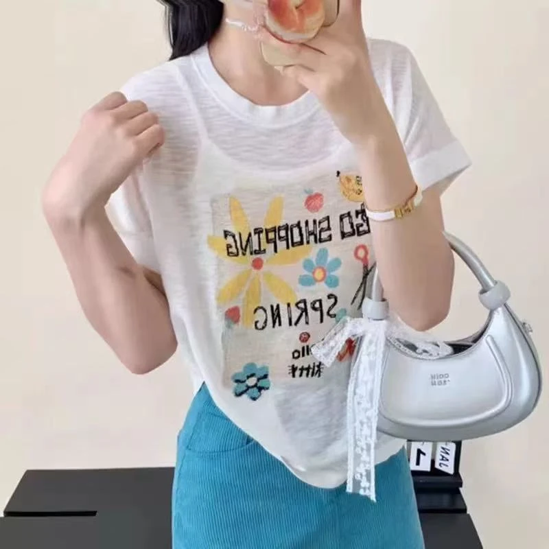 2025夏季新款韩版气质休闲薄款时尚无袖冰丝小上衣女T恤白色宽松