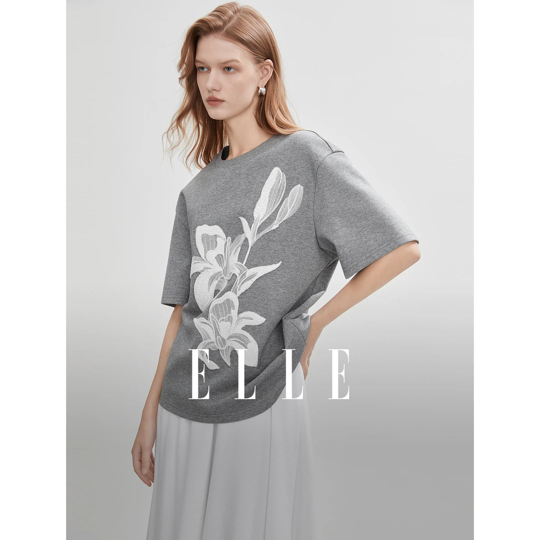ELLE重工刺绣短袖T恤女2025夏季ET51400