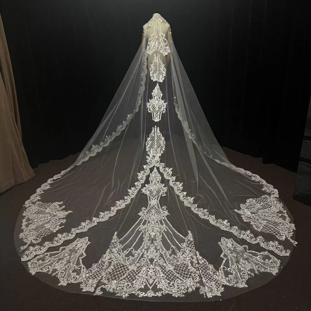 1348单层长款蕾丝带闪重工头纱新娘结婚主纱仪式配饰影楼跟妆