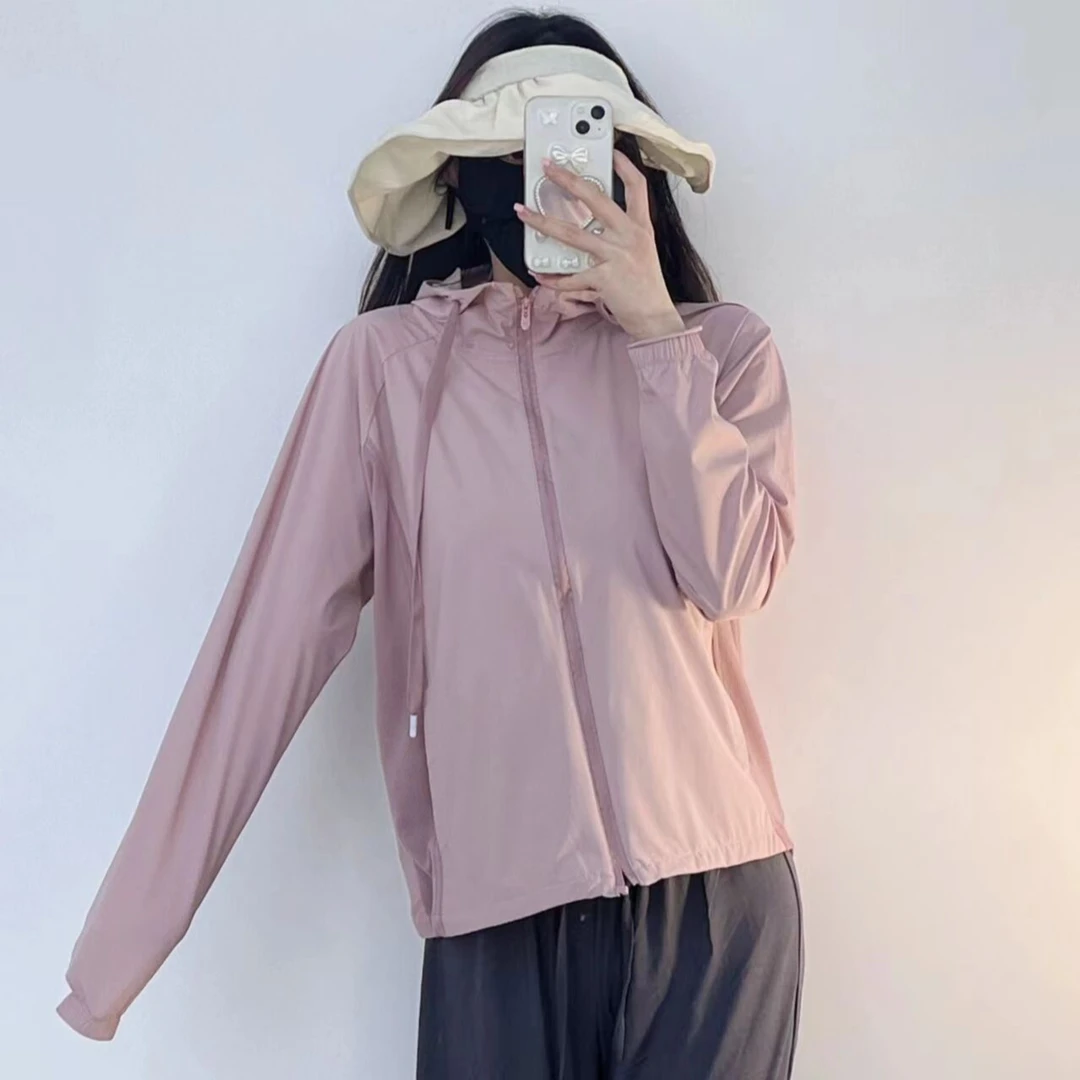 夏季纯色百搭防晒衣宽松简约薄款白色开衫冰丝连帽防晒长袖上衣