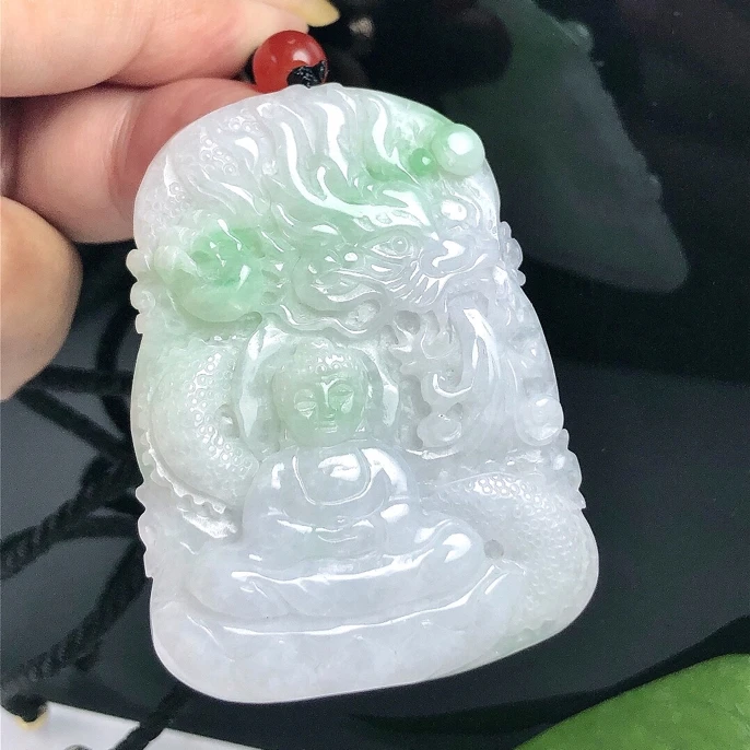 缅甸天然翡翠A货，冰润飘阳绿御龙观音吊坠精雕仿古官方正品玉挂坠