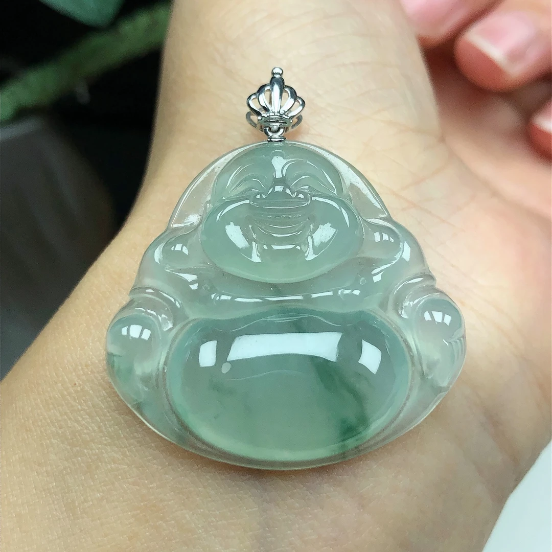 天然缅甸A货翡翠18K金镶老坑冰润飘花大肚笑佛佛公吊坠31*34*6.6