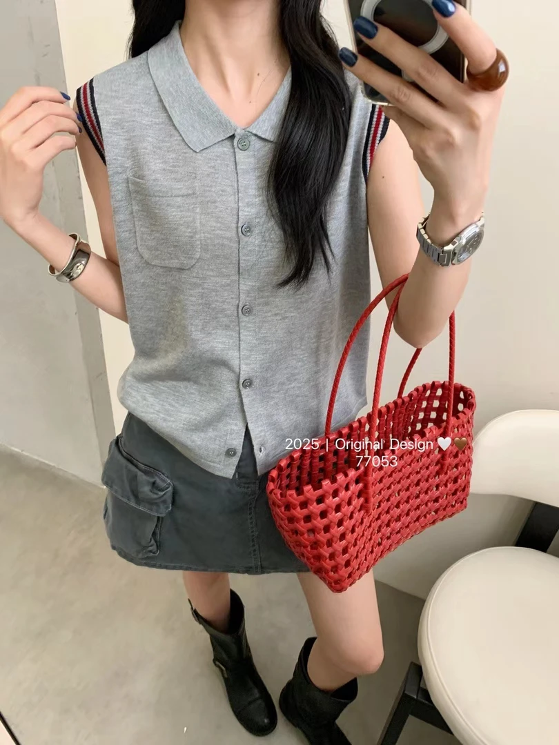 2025年夏季新款薄款翻领针织衫女无袖拼色小香风气质针织上衣