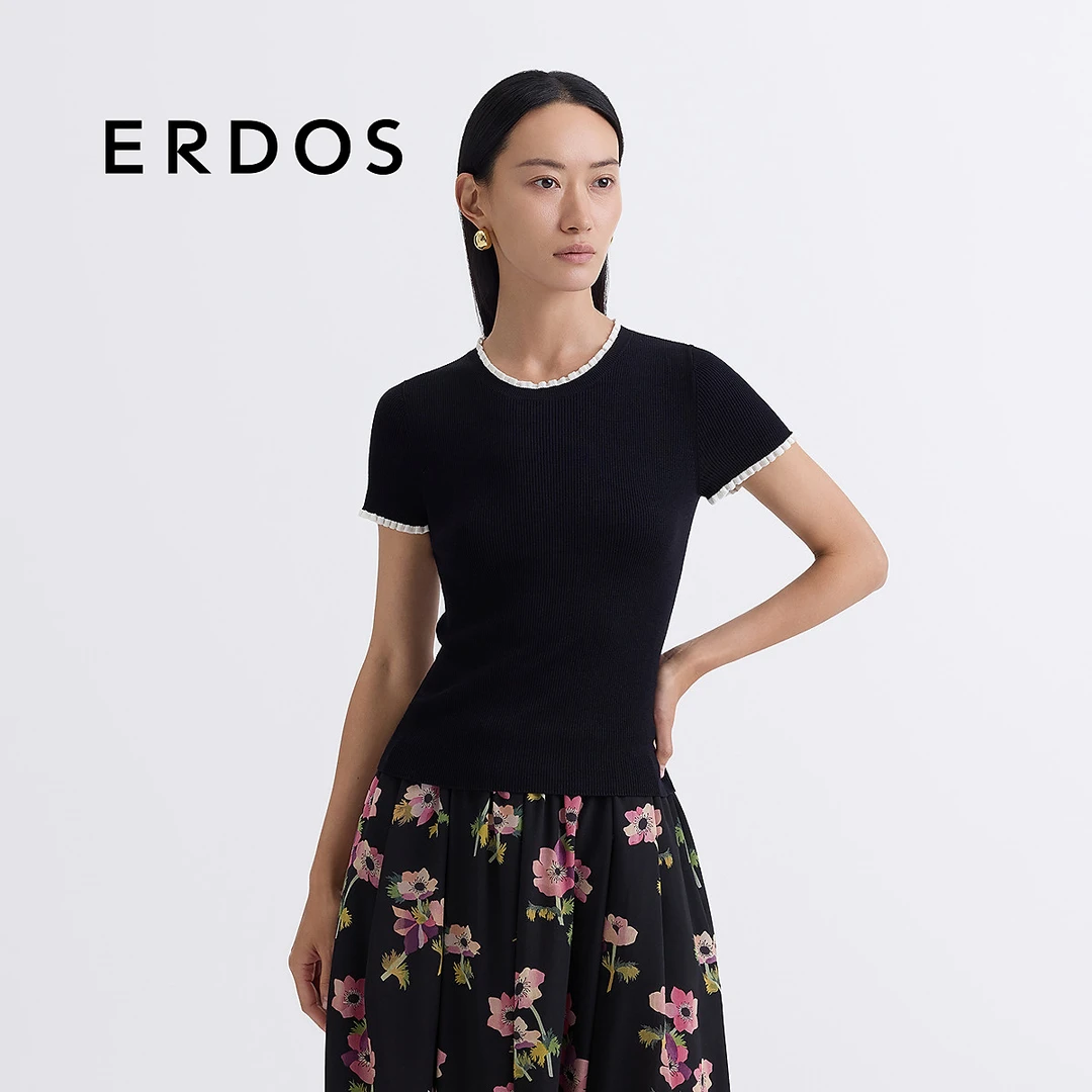 【真丝】ERDOS 圆领修身罗纹T恤撞色小花边轻薄短袖