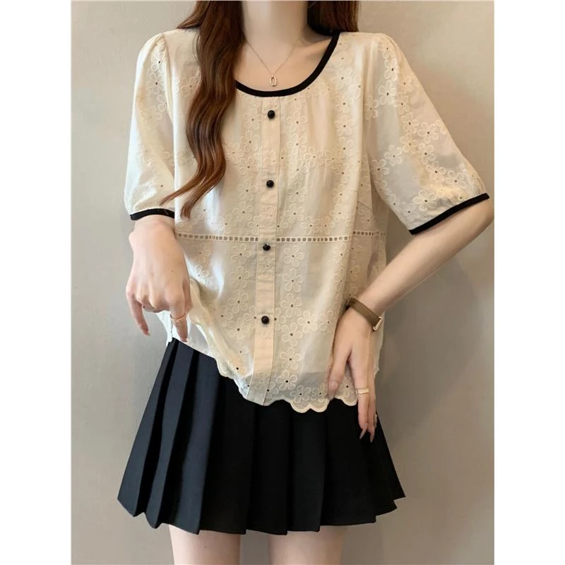 哥弟阿玛施正韩系镂空正肩短袖衬衫女2025夏季大码胖mm宽松漂亮小
