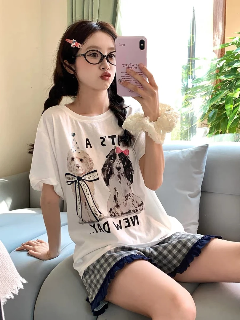 【两只小狗】夏季新款卡通格子睡衣女学生休闲舒适家居服套装可外穿