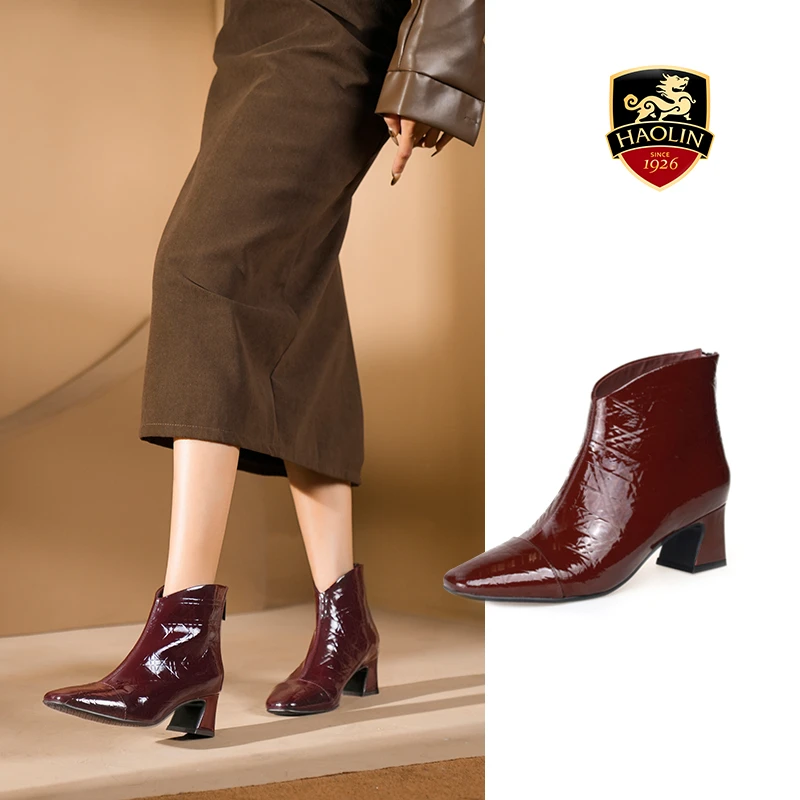 豪麟名鞋迪嘉女装短靴牛移膜革时尚气质小方头女靴DJQYA42WN021