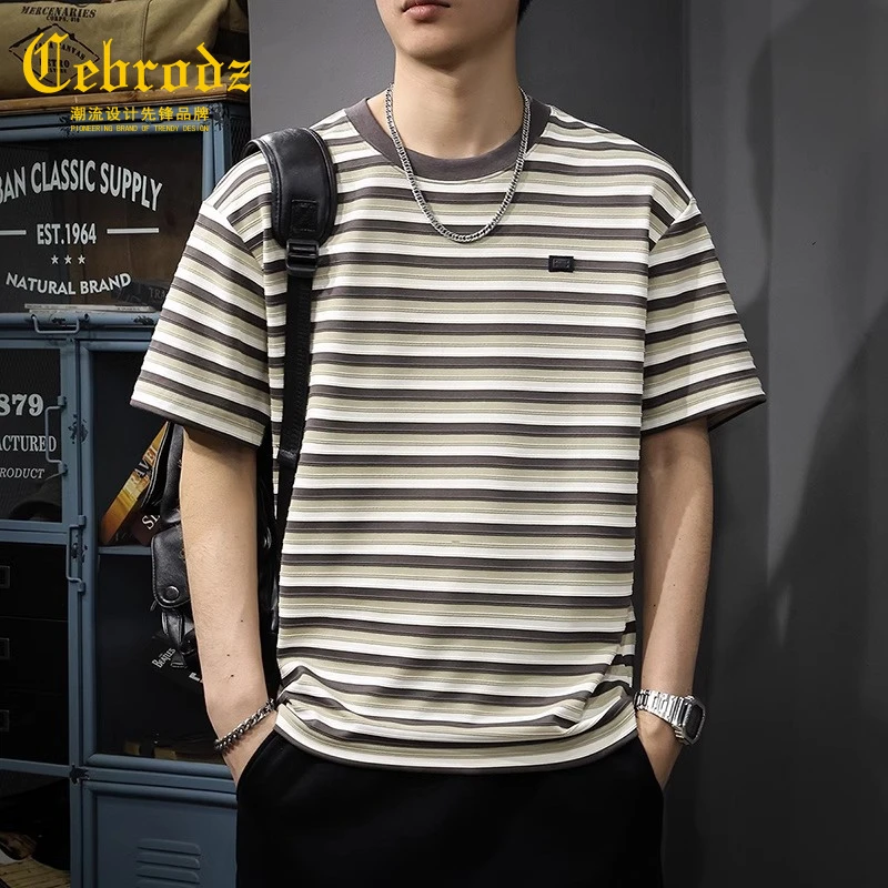 法国Cebrodz重磅条纹短袖T恤男夏季半袖加肥加大码潮牌圆领体恤