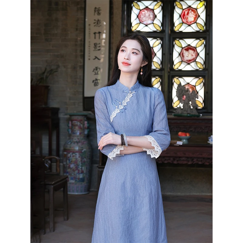 凌茜【岫玉】新中式扎染春款蕾丝显瘦优雅印花花边梭织旗袍连衣裙