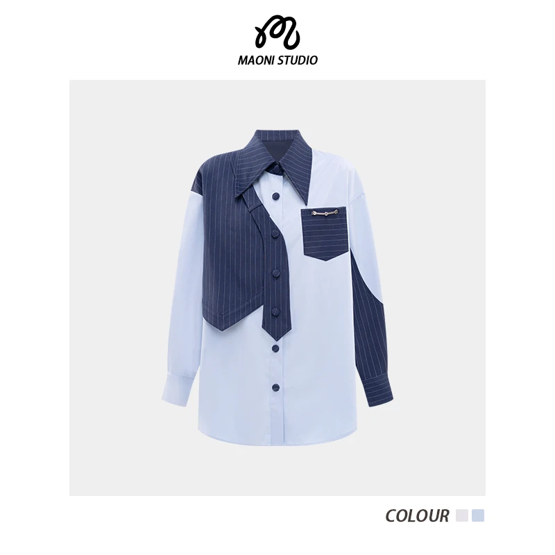 毛妮LADIEST【独特设计】不规则设计感拼色条纹衬衫早秋L2317