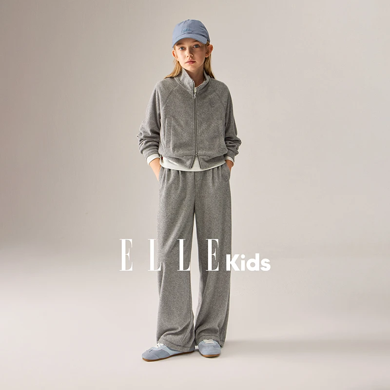 ELLE KIDS 复古休闲绣花套装女儿童秋季新款拉链卫衣+直筒长裤Q4