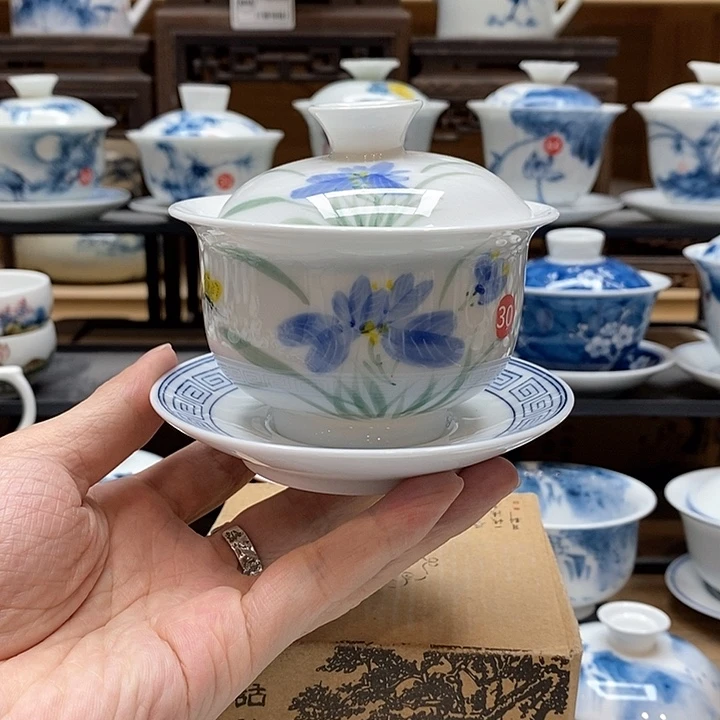 手绘蝴蝶兰盖碗160cc釉下彩微瑕福利款