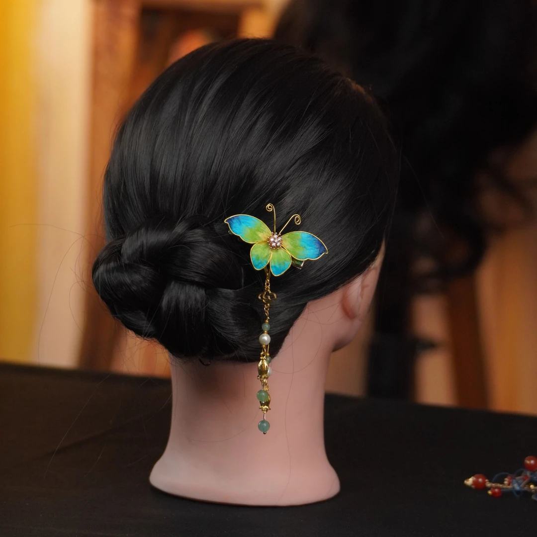 千里江山蝴蝶边夹 非遗绒花南京绒花 大气国风小巧精致百搭手工