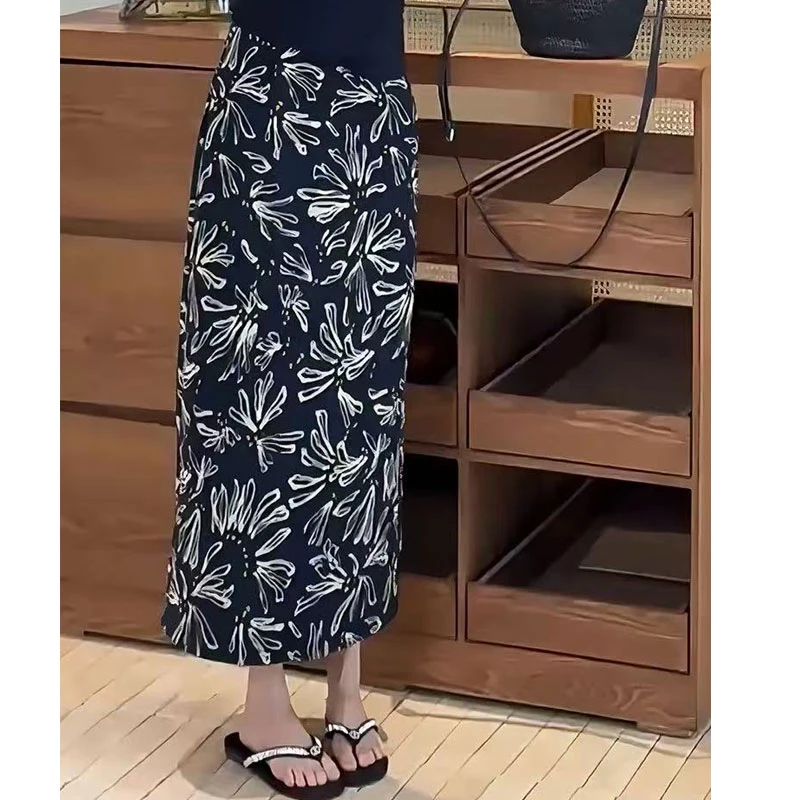 【夏央工厂店】6667-8#全里衬夏季新款薄印花后开叉半身裙 2个长度