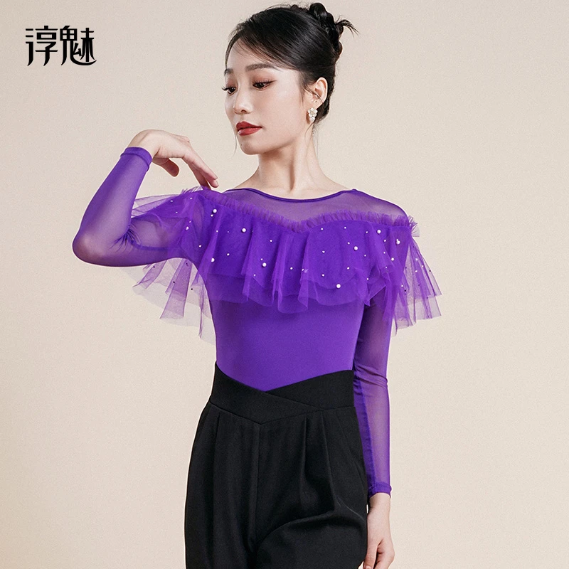 摩登舞上衣女秋季新款交谊舞练功服网纱跳舞长袖连体衣M1133