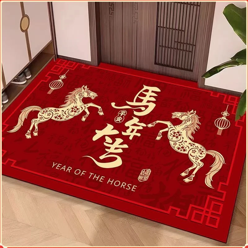 2026马年红色喜庆高级地垫入户门玄关防滑耐磨耐脏水晶绒地垫CCC