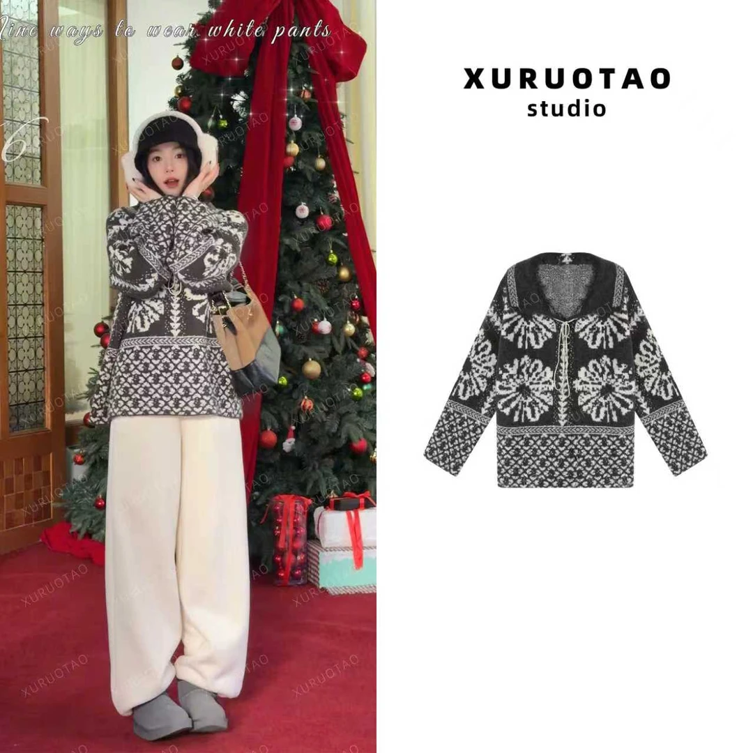 XURUOTAO【雪花毛衣】羊毛混纺设计感冬款重工灰色毛织上衣 T6346