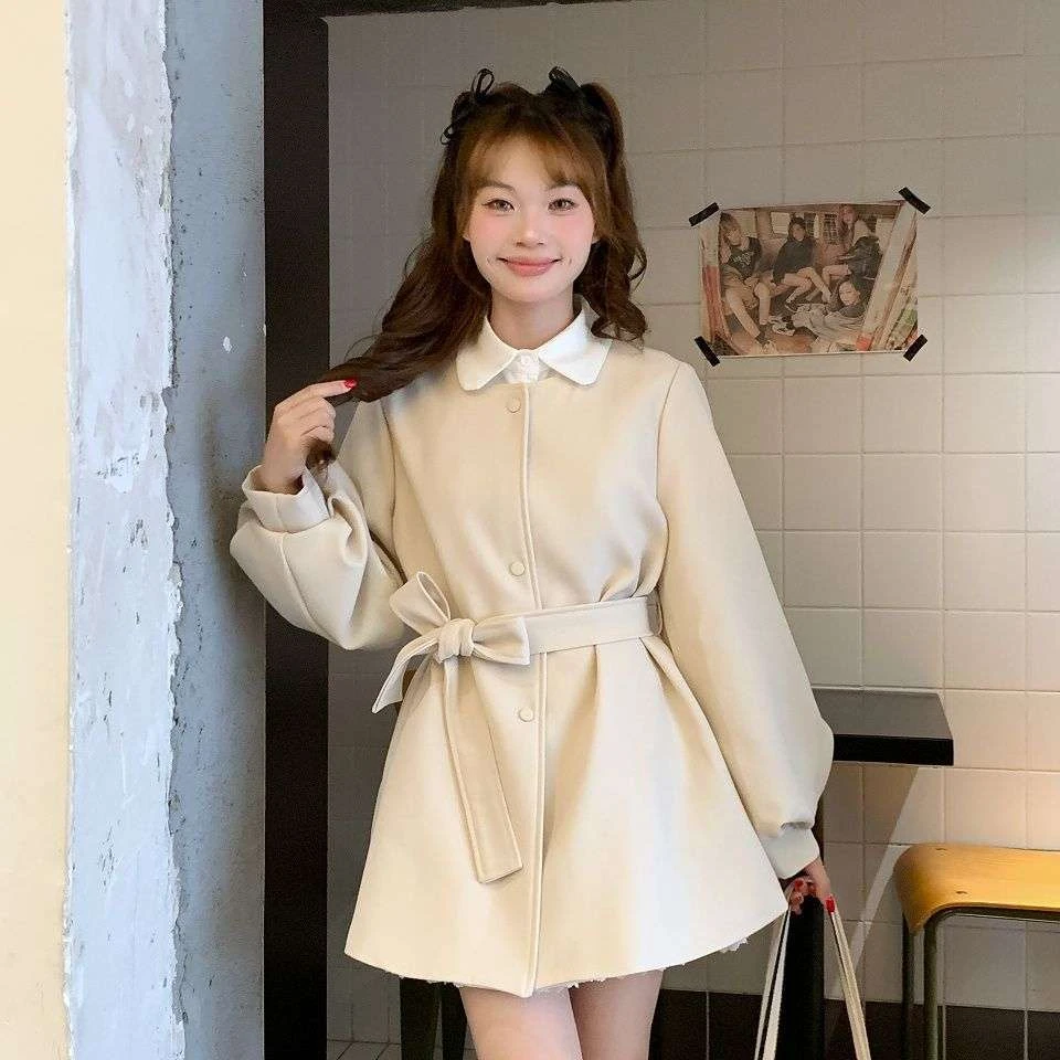 韩系系带短款风衣裙蓝色星球女装早秋流行秋冬新款小个子外套上衣