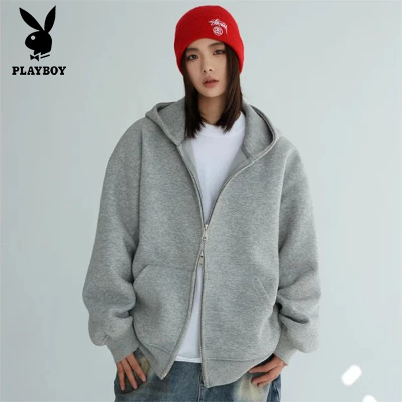 花花公子美式连帽卫衣男款秋季慵懒风开衫外套拉链运动休闲夹克衫