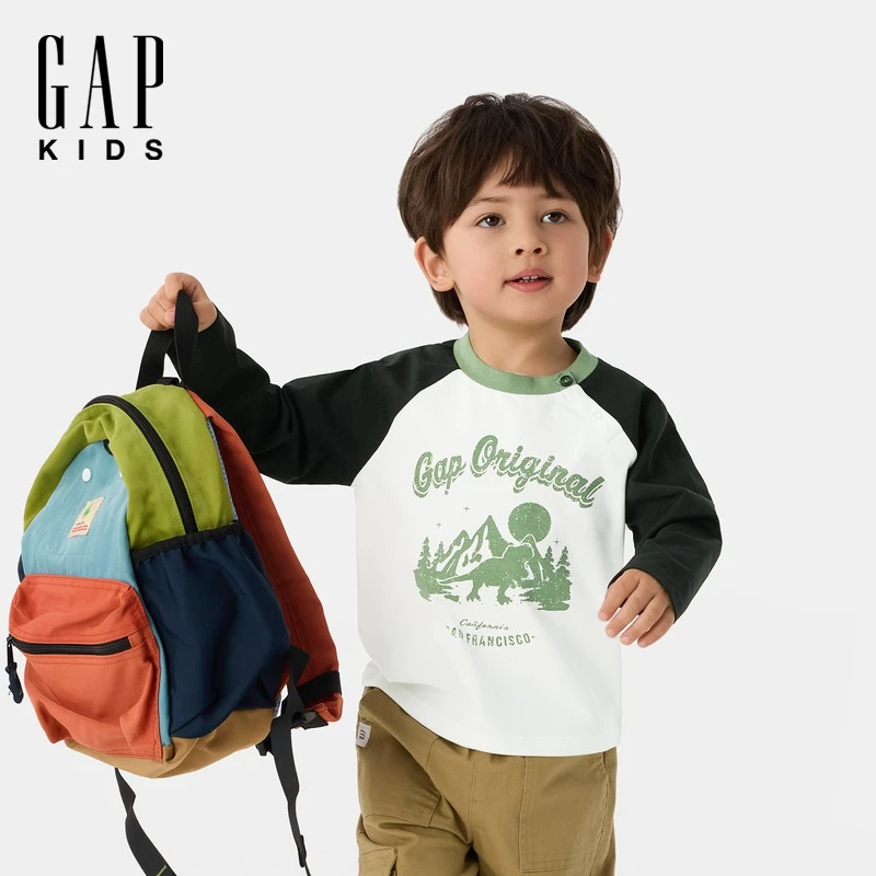 【大小童同款】Gap男童2025春季新款logo插肩长袖T恤儿童装674032