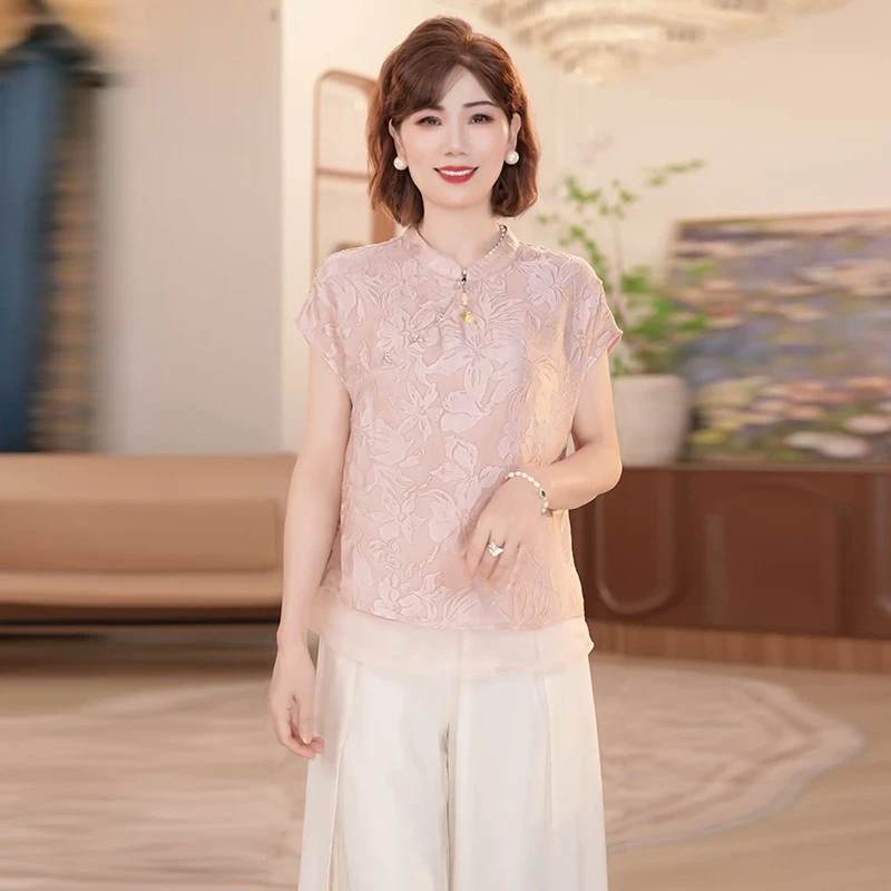 2025夏装新款气质中老年女装两件套中年妈妈新中式刺绣上衣服套装