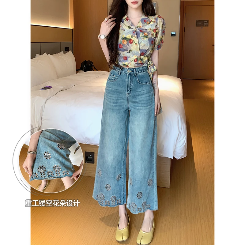 莱赛尔天丝镂空花朵刺绣阔腿牛仔裤女2025夏季薄款高腰显瘦九分裤