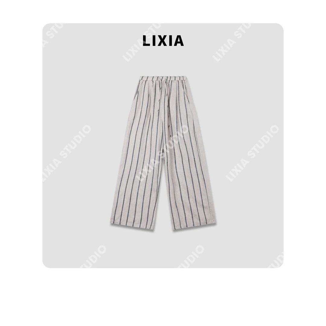 LIXIA【条纹绅士】纯亚麻简奢风条纹简约感透气休闲裤-D8606
