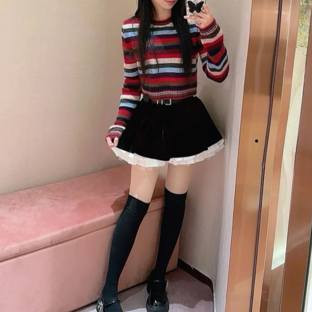 SZSALI 定制高级感条纹针织毛衫蓬蓬半身短裙千金风套装
