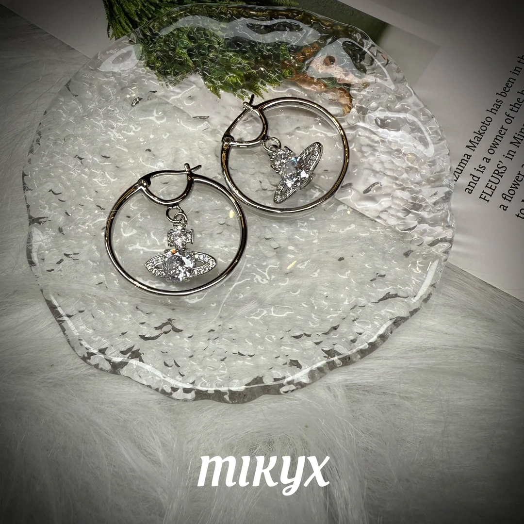 mikyx 铜合金合成锆石耳饰 土星圆环镶嵌耳环A317