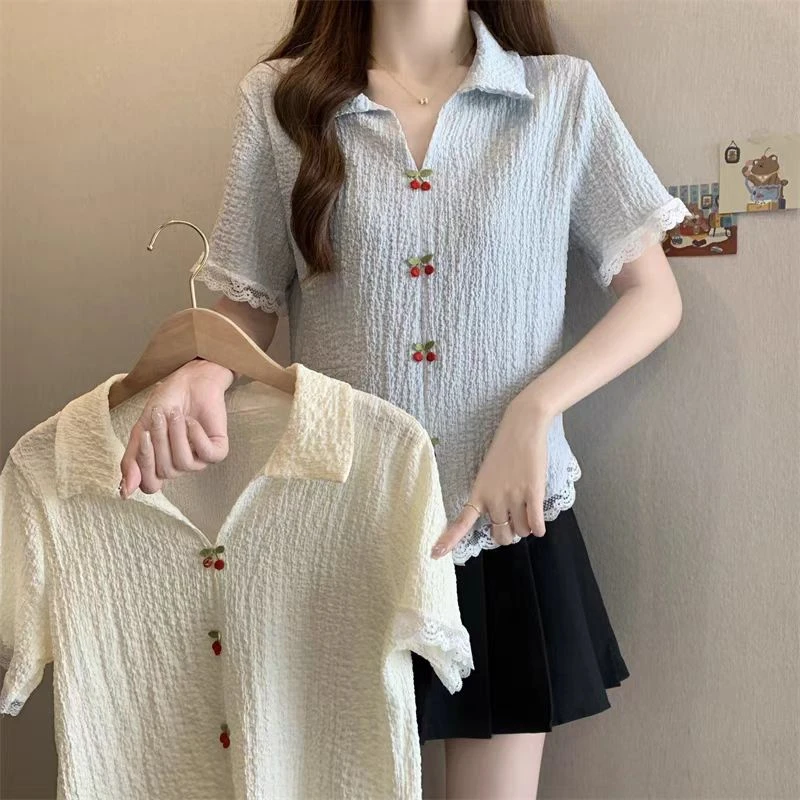 樱桃蕾丝拼接短袖2511