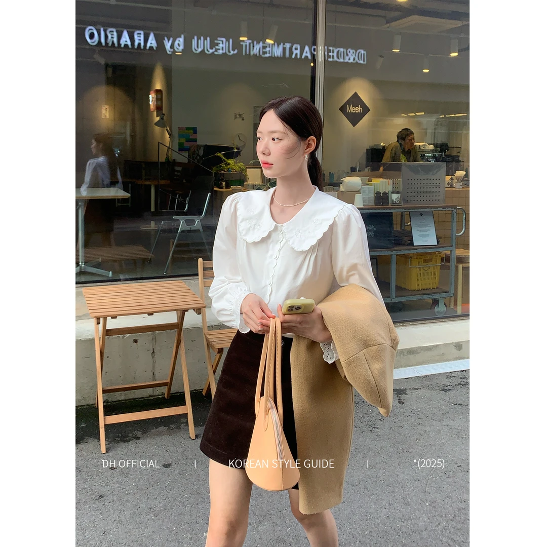 DH OFFICIAL 大花【寻梦山茶 shirt】复古少女感天丝娃娃绣花领衬衣