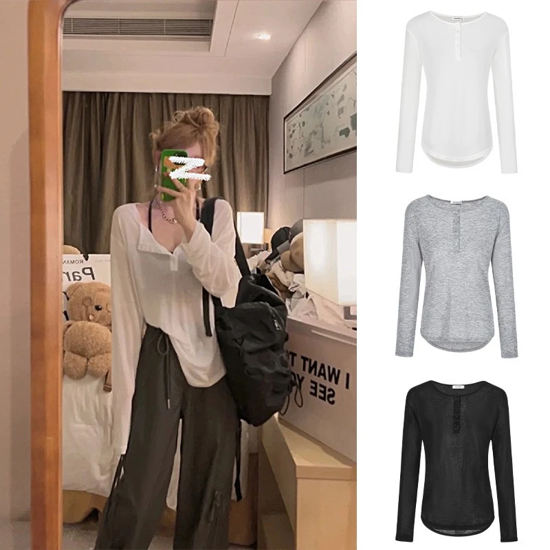 Yukiss定制显瘦夏日松弛感！/性感短款秋冬长袖T恤内搭百搭打底衫～