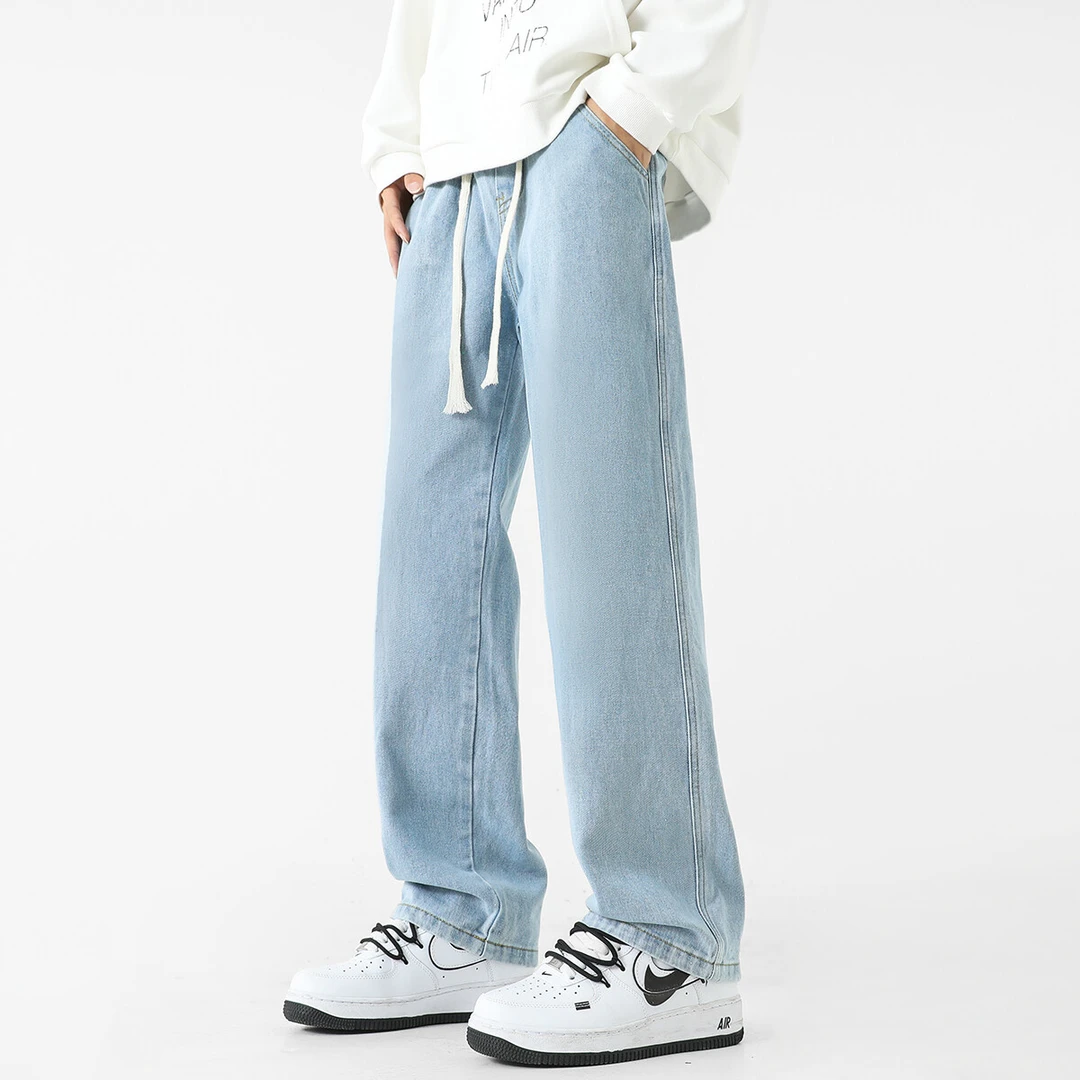 全新款四季休闲时尚宽松直筒时尚阔腿净版松紧腰牛仔裤复古韩版