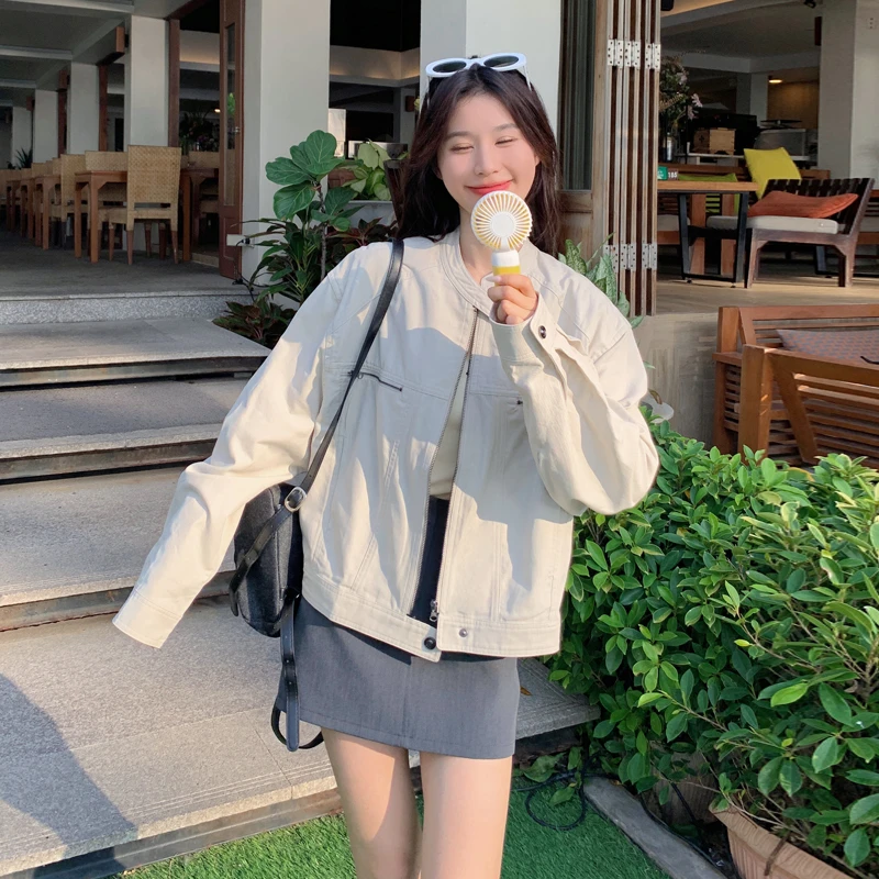 米白色工装短款外套女2025春秋新款韩系小个子休闲百搭夹克上衣潮