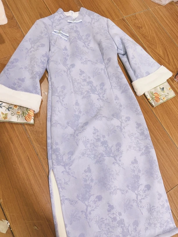 W-2311 云水蓝 雪花绒 冬款加绒加厚年轻款改良旗袍115cm长款