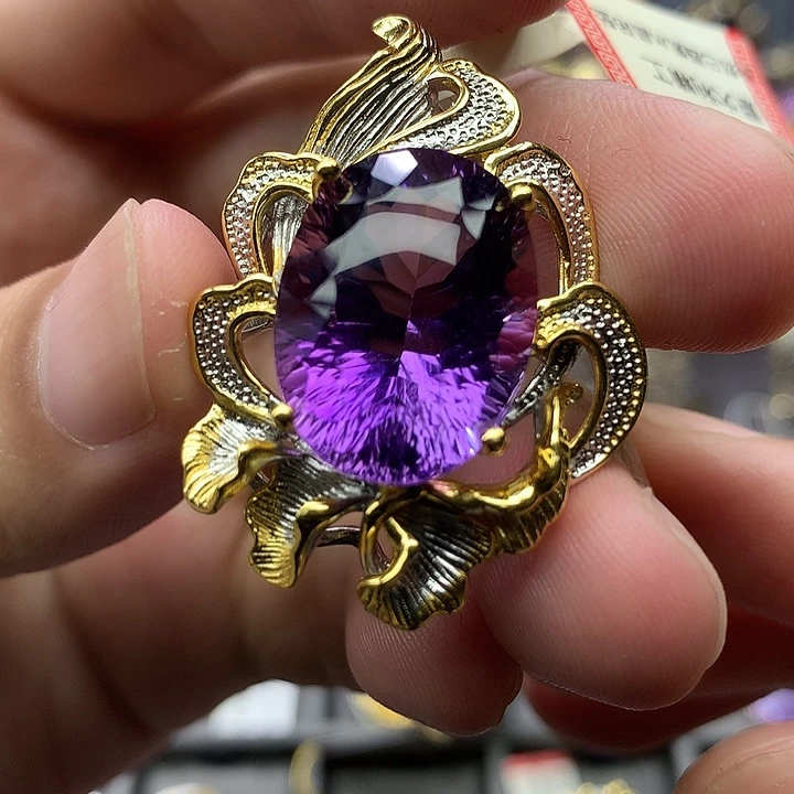 吊坠(不含链)银S925镀金镶嵌紫晶