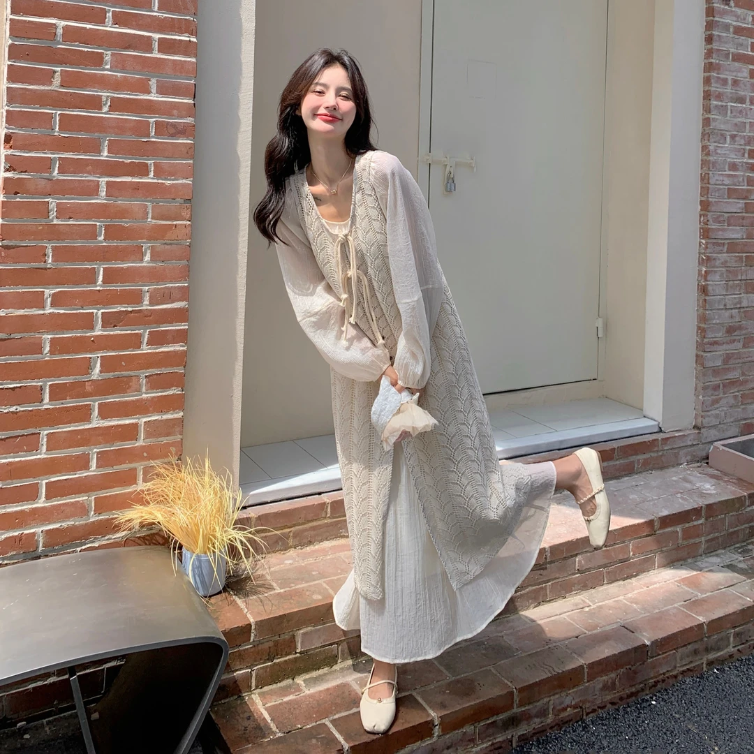 法式高级感千金感穿搭一整套女2025春季新款镂空罩衫连衣裙两件套