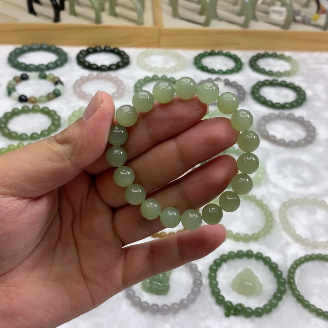 和田玉未镶嵌手串（冰晴绿9.7）